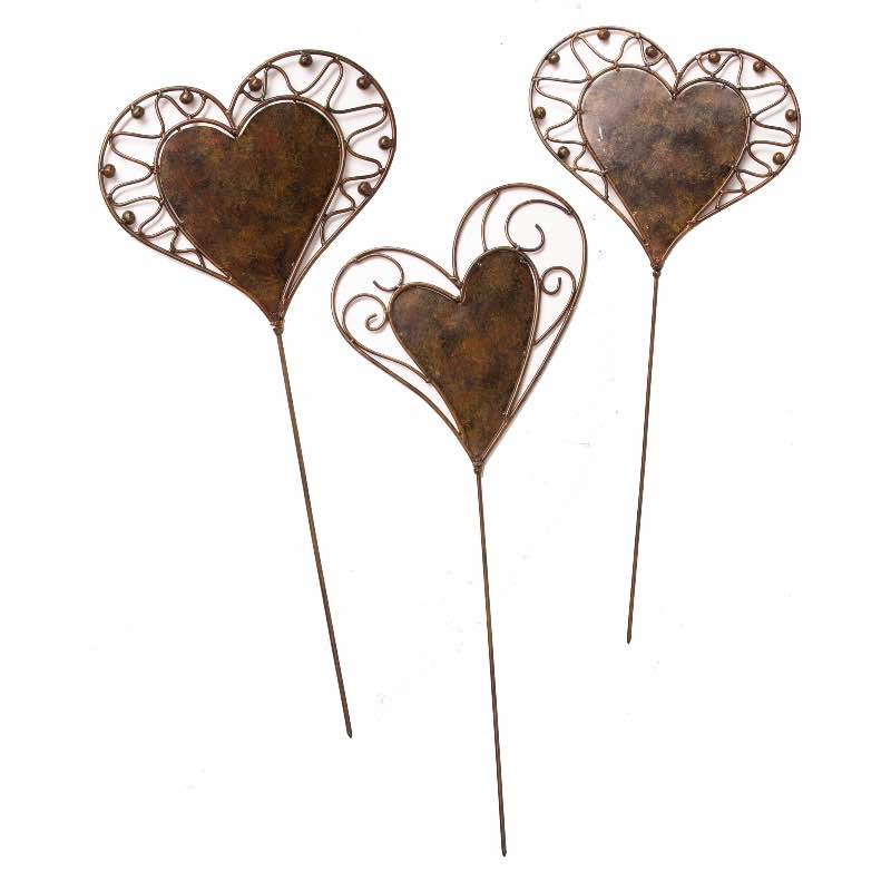 Elegant Heart Stakes Handcrafted from New and Reclaimed Metal, Set of 3