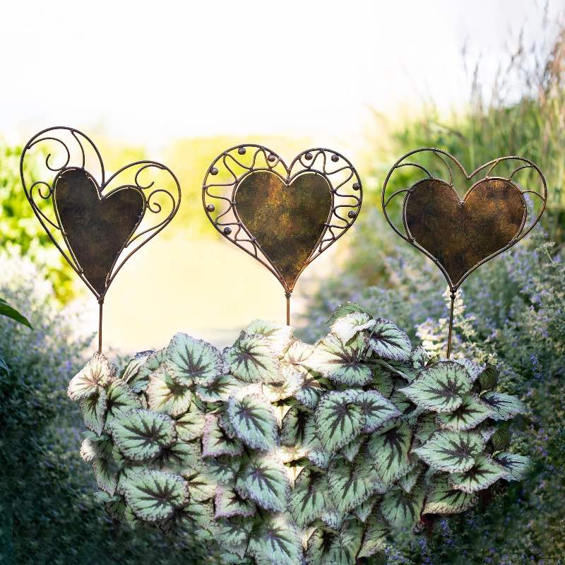Elegant Heart Stakes Handcrafted from New and Reclaimed Metal, Set of 3
